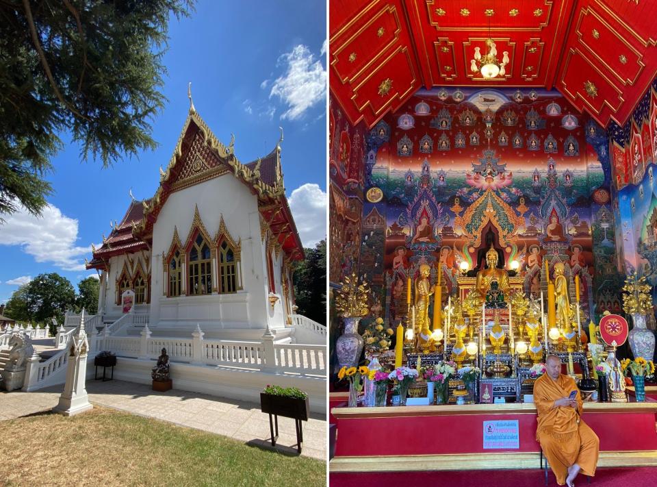 Outside and inside Buddhapadipa temple located in Wimbledon.