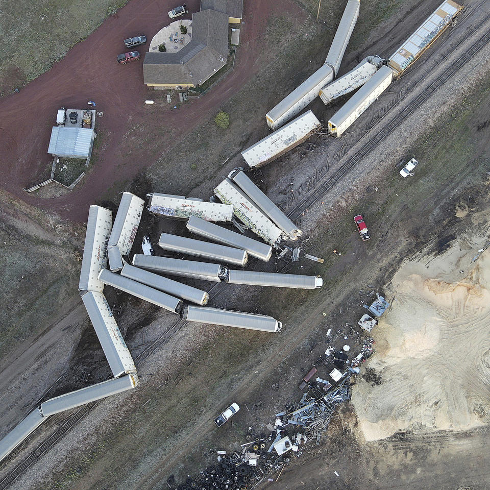 This image provided by the Coconino County Emergency Management shows a freight train derailment, Wednesday, June 7, 2023 east of Williams, Ariz. (Coconino County Emergency Management via AP)