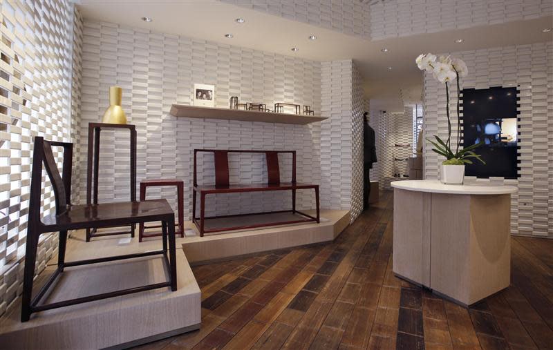 Furniture are displayed for sale in the shop of the young brand Shang Xia on its opening day in Paris