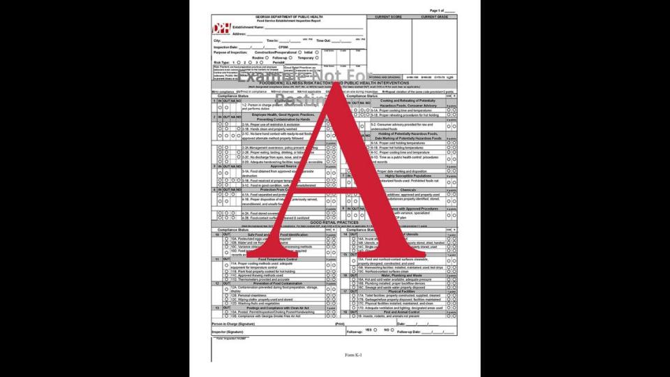 The Georgia Department of Health issues an ”A” food safety excellence for a score of 90 to 100 upon inspection.