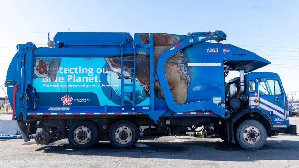 This Republic Services trash truck was totaled by a trash fire in 2023 caused by electronics batteries thrown in the garbage. Sarah A. Miller/smiller@idahostatesman.com