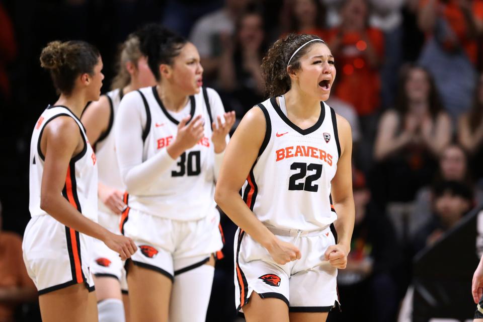 Oregon State guard Talia von Oelhoffen (22) reacts during the first half of the game against Colorado on Friday, Jan. 26, 2024, in Corvallis, Ore.