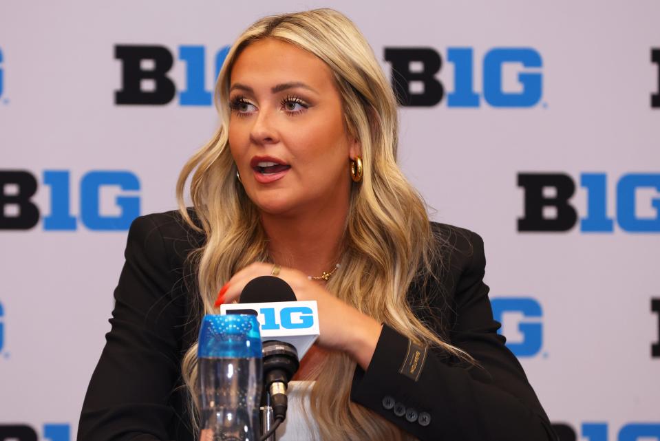 Oct 2, 2024; Rosemont, IL, USA; Indiana guard Sydney Parrish speaks at the podium during the 2024 Big Ten Women’s Basketball media day at Donald E. Stephens Convention Center. Mandatory Credit: Melissa Tamez-Imagn Images