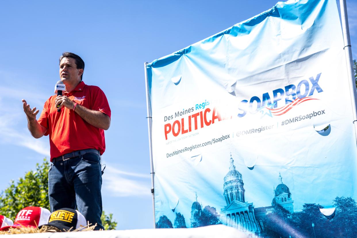 GOP presidential candidate Ryan Binkley speaks at the Des Moines Register Political Soapbox during day three of the Iowa State Fair on Saturday, August 12, 2023 in Des Moines.