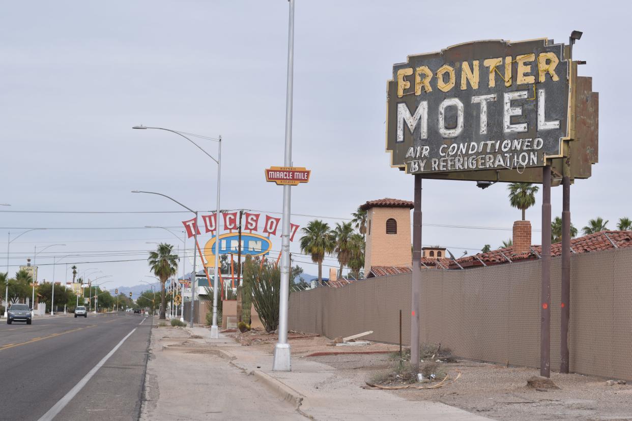 A row of historic motels — Frontier Motel, Tucson Inn and the Copper Cactus Inn — on Tucson's Miracle Mile face the possibility of demolition by Pima Community College. The area is shown in a  June 1, 2023 photo.