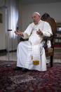 Pope Francis speaks during an interview with The Associated Press at the Vatican, Tuesday, Jan. 24, 2023. Francis acknowledged that Catholic bishops in some parts of the world support laws that criminalize homosexuality or discriminate against the LGBTQ community, and he himself referred to homosexuality in terms of "sin." But he attributed attitudes to culture backgrounds, and said bishops in particular need to undergo a process of change to recognize the dignity of everyone. (AP Photo/Domenico Stinellis)