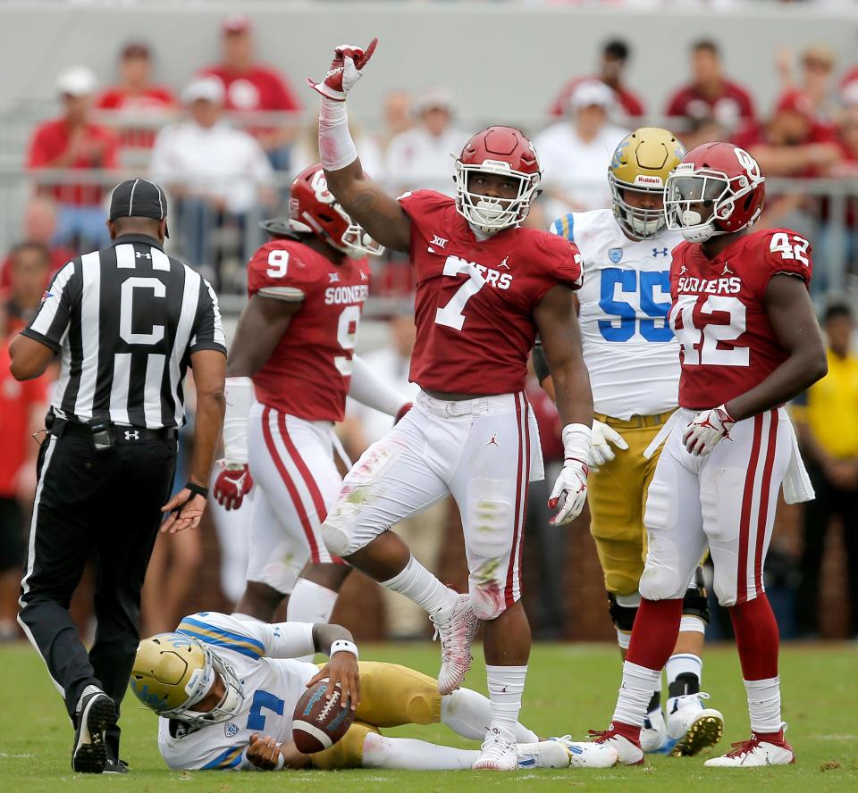 OU's Ronnie Perkins, 7, celebrates a sack of UCLA quarterback Dorian Thompson-Robinson during the Sooners' 49-21 victory in 2018. BRYAN TERRY/The Oklahoman