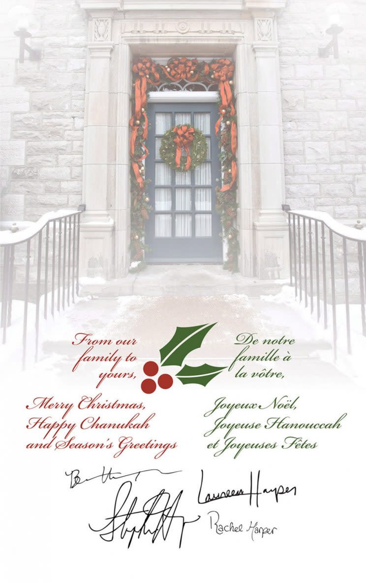 The interior of former prime minister Stephen Harper's 2014 Christmas card shows the front door to the official residence, 24 Sussex. Photo from The Canadian Press. 