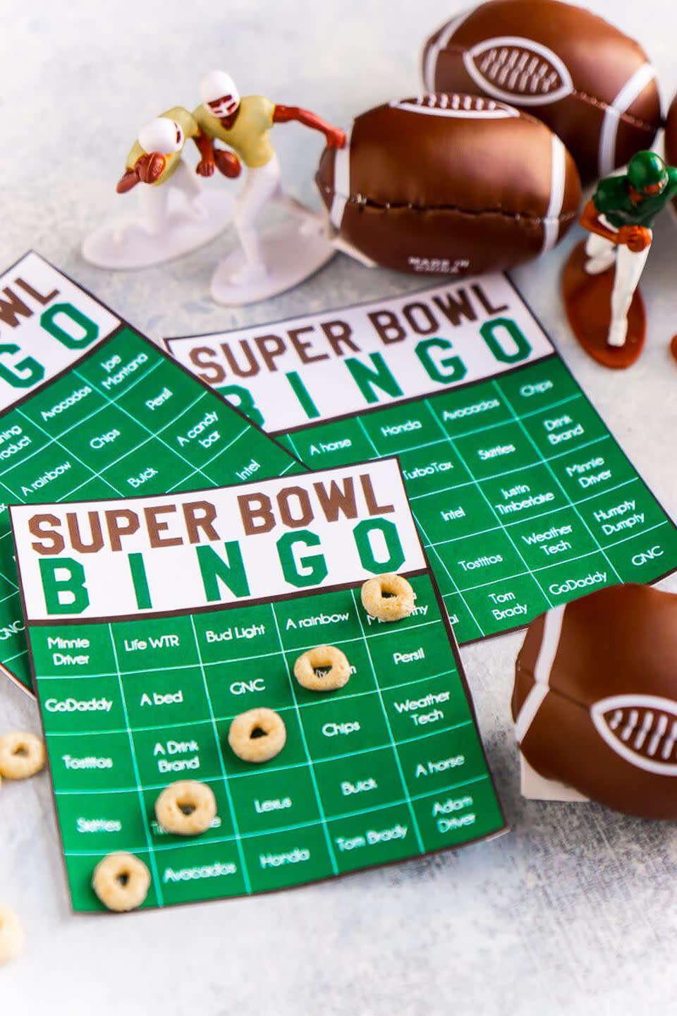 super bowl commercial bingo card with cheerios as bring chips