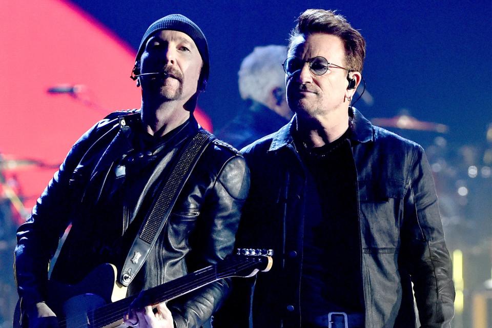 Musician The Edge (L) and singer Bono of U2 perform onstage at the 2016 iHeartRadio Music Festival at T-Mobile Arena on September 23, 2016 in Las Vegas, Nevada.