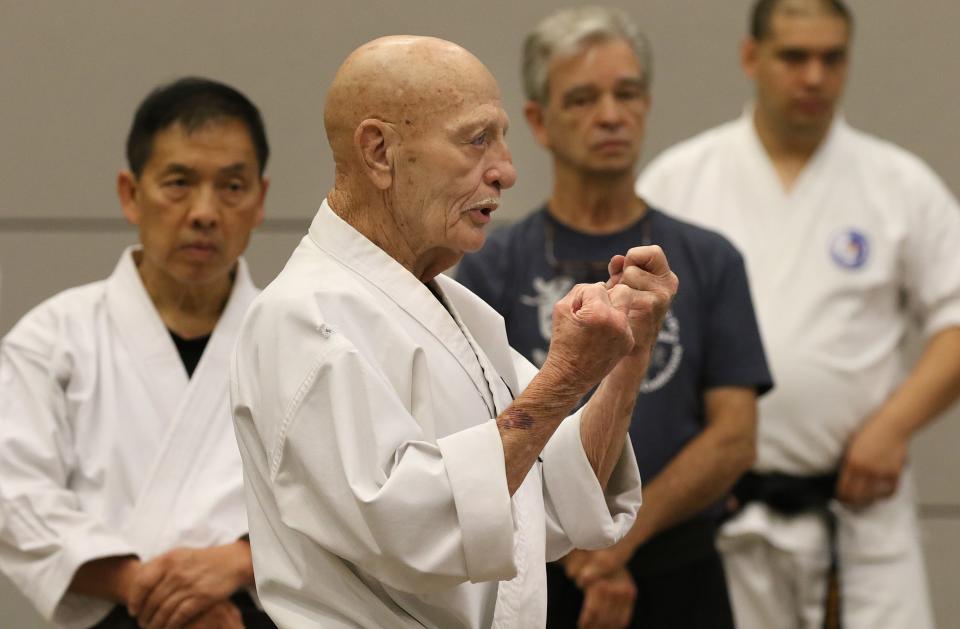 Marine Corp retired veteran Major Doug Perry teaches students martial arts history during Pioneer Gasshuku II Saturday, August 20, 2022, at the LeGrand Center in Shelby.