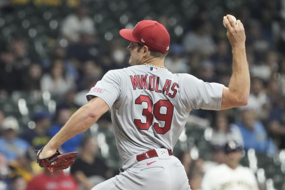 St. Louis Cardinals starting pitcher Miles Mikolas throws during the first inning of a baseball game against the Milwaukee Brewers Tuesday, Sept. 26, 2023, in Milwaukee. (AP Photo/Morry Gash)