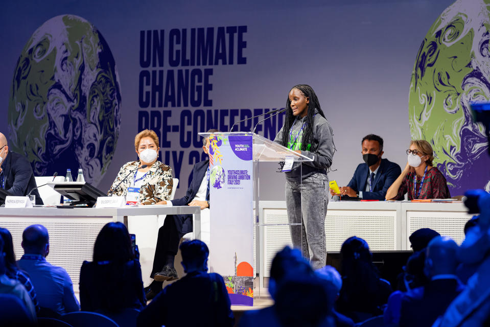 Vanessa Nakate speaks at the Youth4Climate Pre-COP26 Event in Milan on Sept. 28.<span class="copyright">Alessandro Bremec—NurPhoto/Getty Images</span>