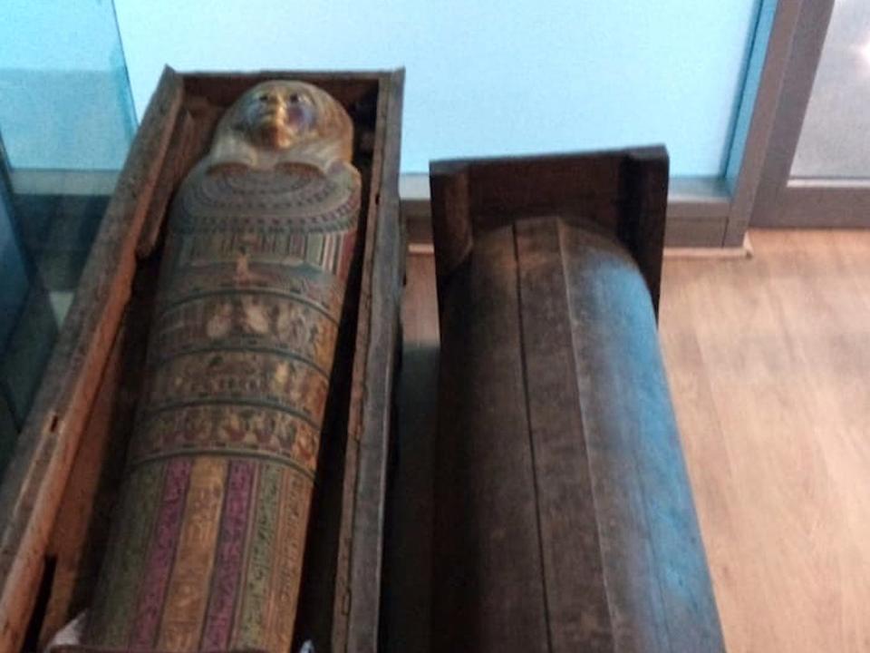 The mummy is shown inside its large wodden sarcophagus.