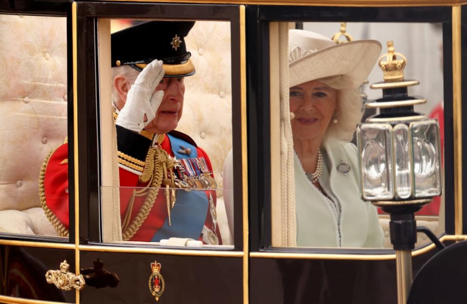 King Charles and Queen Camilla attend the Trooping the Colour parade to honour him on his official birthday in London, Britain, June 15, 2024.