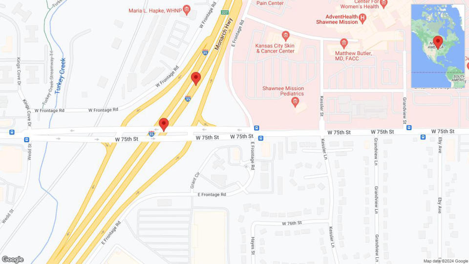 A detailed map that shows the affected road due to 'Broken down vehicle on eastbound I-35 in Overland Park' on January 5th at 1:57 p.m.