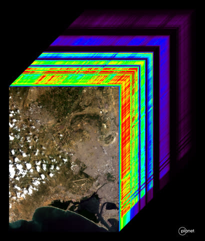 A hypercube visualizing the range of wavelengths collected by Tanager. In the lower left is a visible-light image of Karachi, Pakistan collected on September 19th, 2024. Up and to the right is a cross section of all the bands collected by Tanager spanning from 400 - 2500 nm. (Graphic: Business Wire)