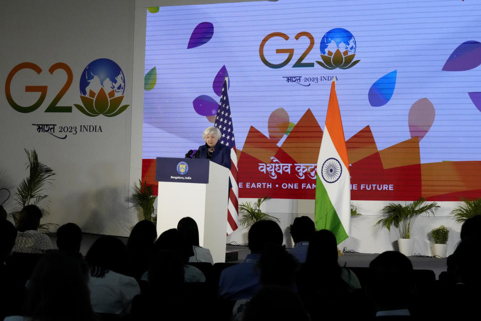 FILE - U.S. Treasury Secretary Janet Yellen speaks during a press conference at the G-20 financial conclave on the outskirts of Bengaluru, India, Thursday, Feb. 23, 2023. (AP Photo/Aijaz Rahi, File)