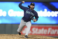 Seattle Mariners relief pitcher Andrés Muñoz (75) delivers during the ninth inning of a baseball game against the Minnesota Twins, Tuesday, May 7, 2024, in Minneapolis. (AP Photo/Abbie Parr)