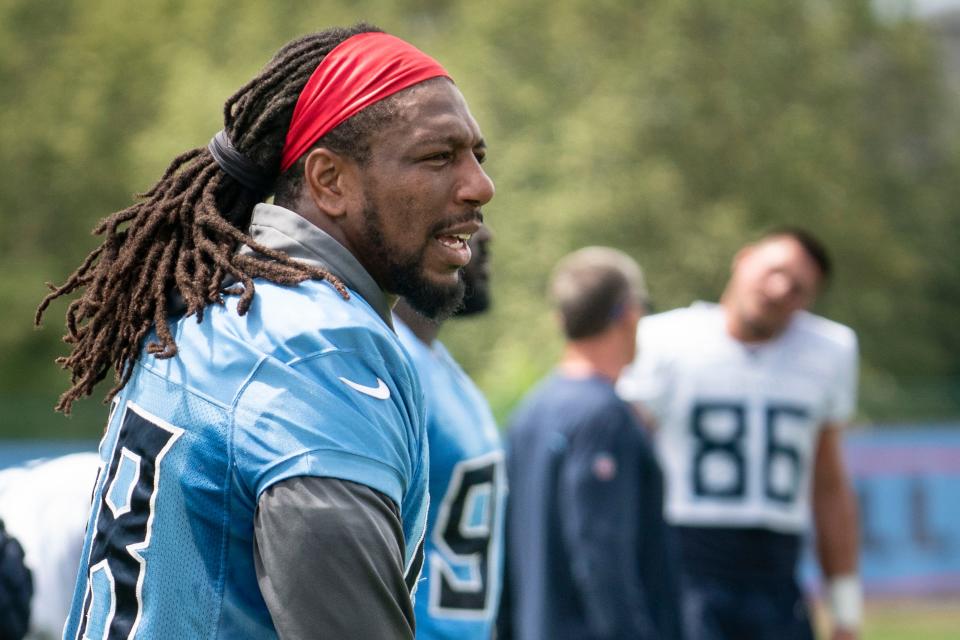 Tennessee Titans linebacker Bud Dupree (48) warms up during practice at Ascension Saint Thomas Sports Park Monday, Sept. 5, 2022, in Nashville, Tenn. 