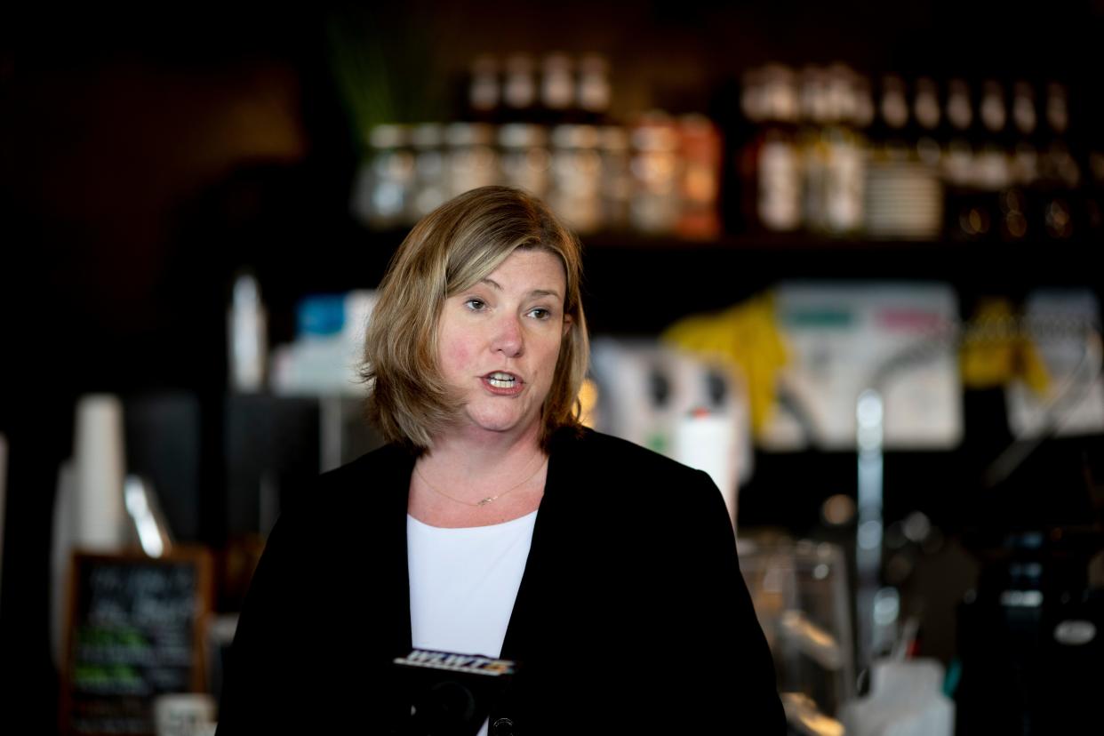 Mayor Nan Whaley, Democratic Gubernatorial candidate and Dayton Mayor, speaks about her economic plan during a press conference on Monday, Aug. 9, 2021, at BlaCk Coffee Lounge in Cincinnati. 