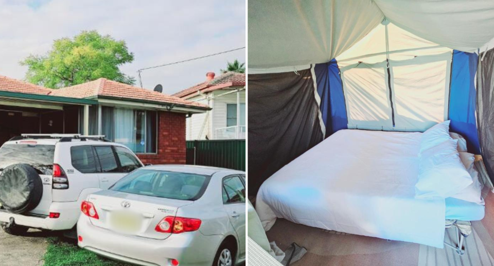 Images of the listing. Left is the front of the property where the tent is situated and on the right is inside the tent showing a double bed. 