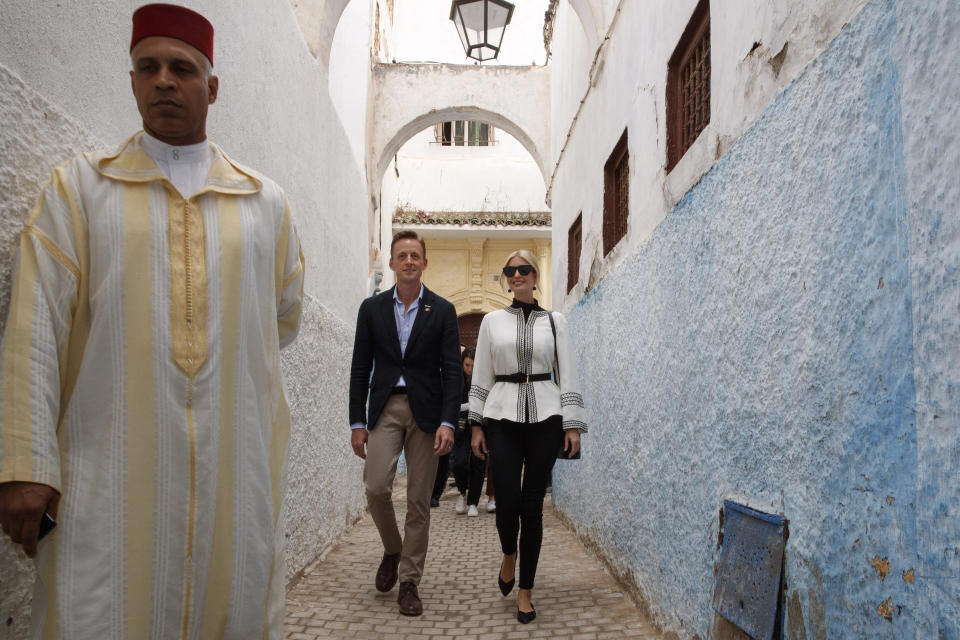 Ivanka Trump, right, the daughter and senior adviser to President Donald Trump, walks with Sean Cairncross, CEO of the Millennium Challenge Corporation, through a medina, Thursday, Nov. 7, 2019, in Rabat, Morocco, after attending a tea ceremony and roundtable event. (AP Photo/Jacquelyn Martin)