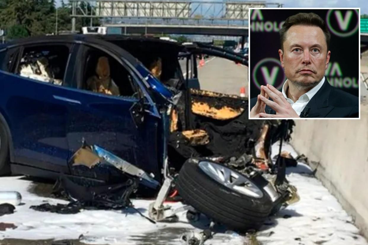 Scene of highway accident in March 2018 and Tesla CEO Elon Musk