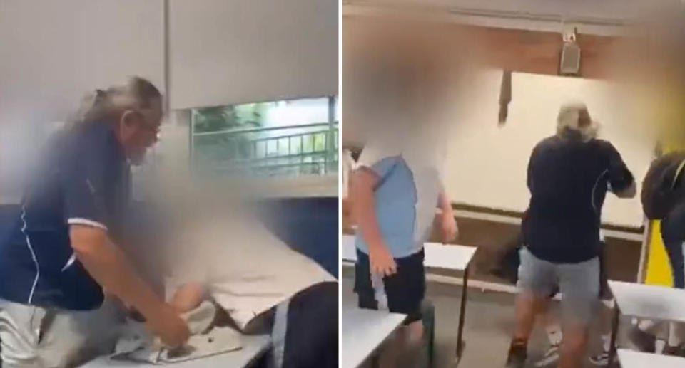 A photo of a male teacher at Maitland Grossmann High School pulling a teenage male student over a desk by his collar. Another photo of the teacher pushing the same student into a wall where a whiteboard is, before allegedly striking him while he's on the floor. 