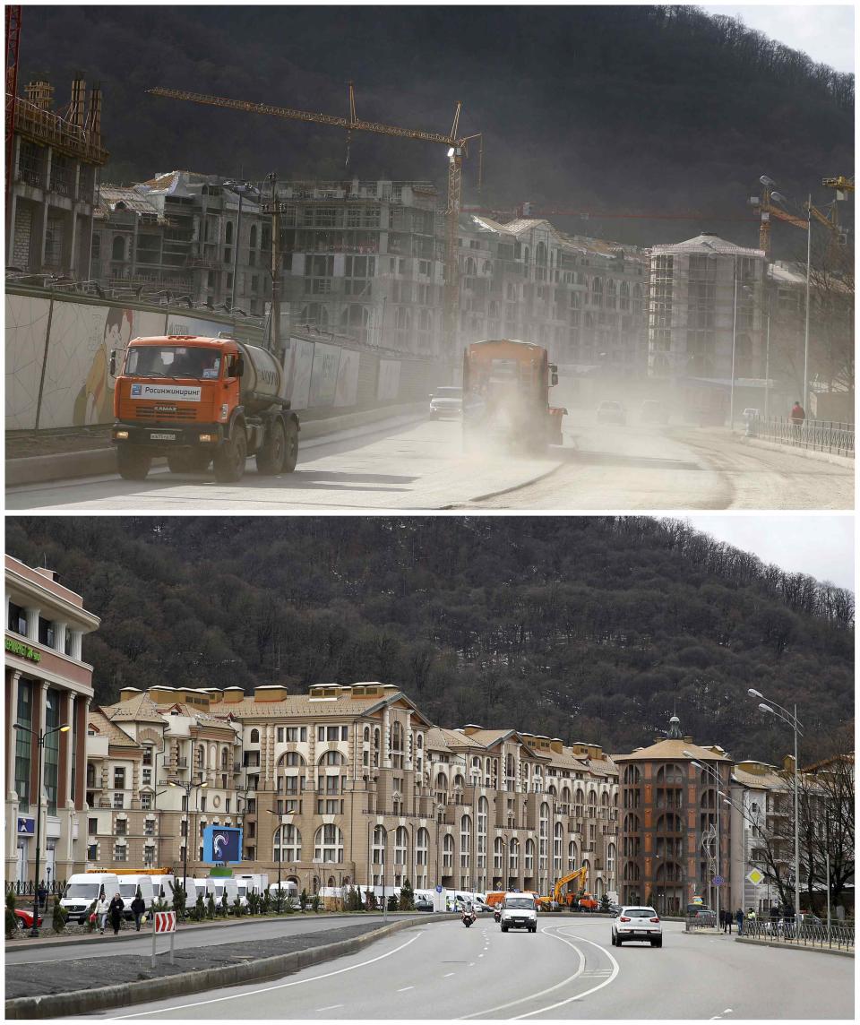 A combination of two pictures shows the development of construction within the last eleven months in the village of Krasnaya Polyana near Sochi