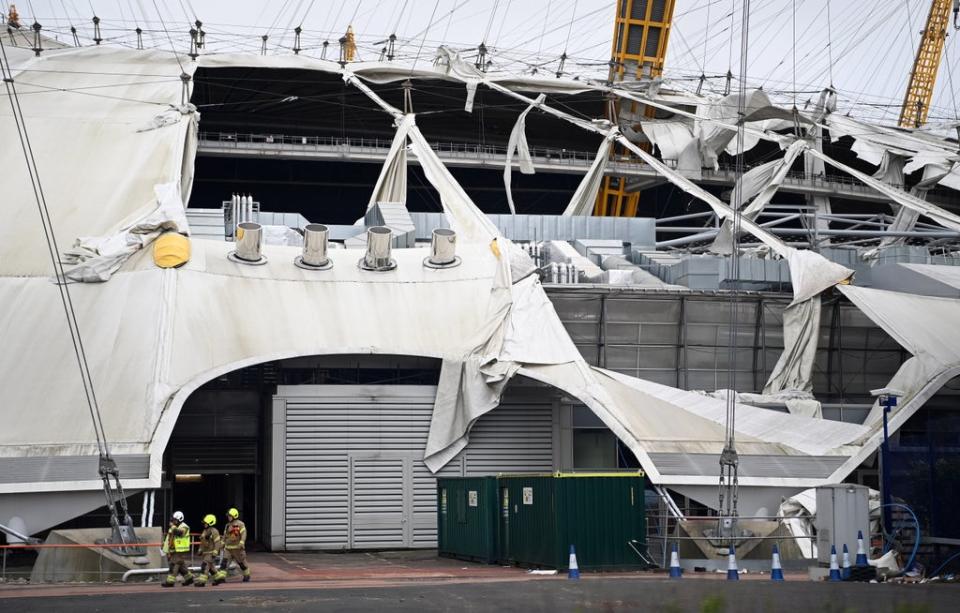 Damage to the O2 Arena roof caused by the wind (EPA)