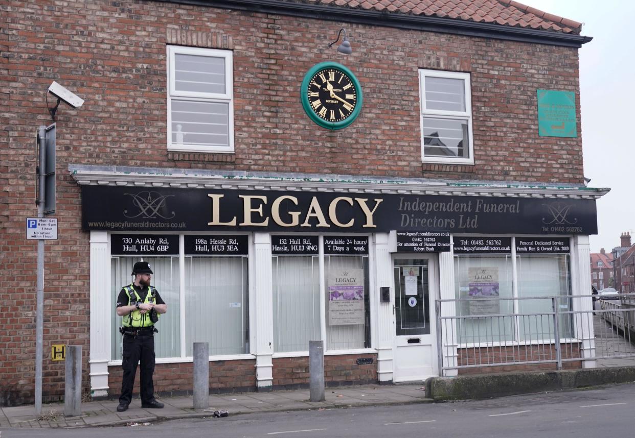 Police outside the Beckside branch of Legacy Independent Funeral Directors in Hull after after reports of 