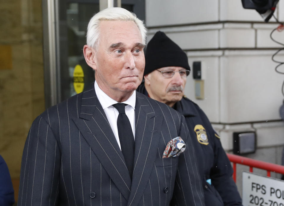 Former campaign adviser for President Donald Trump, Roger Stone, leaves federal court in Washington, Friday, Feb. 1, 2019. Stone was back in court in the special counsel's Russia investigation as prosecutors say they have recovered "voluminous and complex" potential evidence in the case, including financial records, emails and computer hard drives. (AP Photo/Pablo Martinez Monsivais)