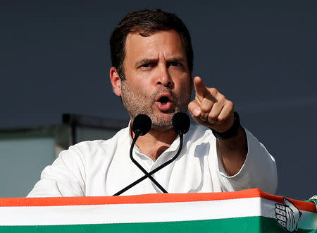 FILE PHOTO: Rahul Gandhi, president of India's main opposition Congress party, addresses his party's supporters during a public meeting in Gandhinagar, Gujarat, India, March 12, 2019. REUTERS/Amit Dave/File Photo