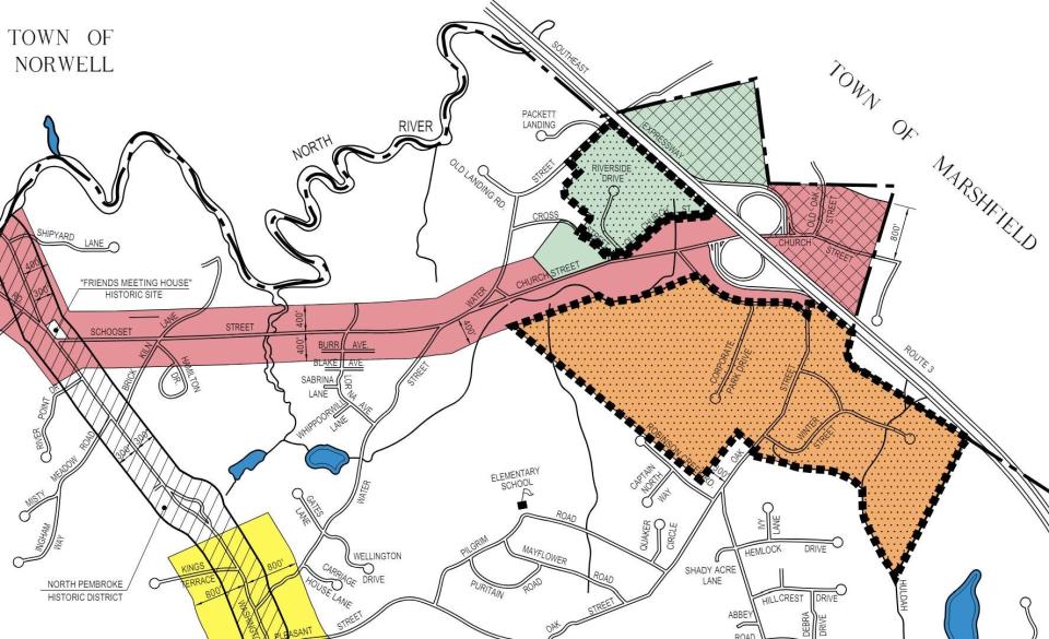 To comply with the MBTA Communities Act, the town of Pembroke voted to allow multifamily housing as a use in its Industrial A and B districts, outlined in green and orange.