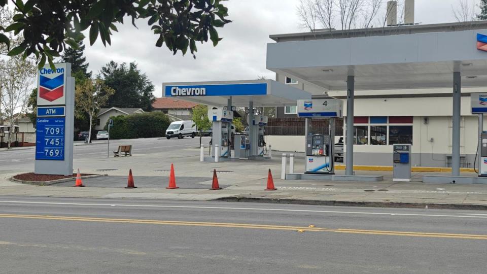 <div>At the Chevron on Alameda de las Pulgas in Menlo Park, Calif., the price for regular unleaded hit $7.29 over the weekend, before sliding down to $7.09 a gallon on Tuesday, April 23, 2024.</div> <strong>(Sam Valero / Menlo Park Barber Shop)</strong>