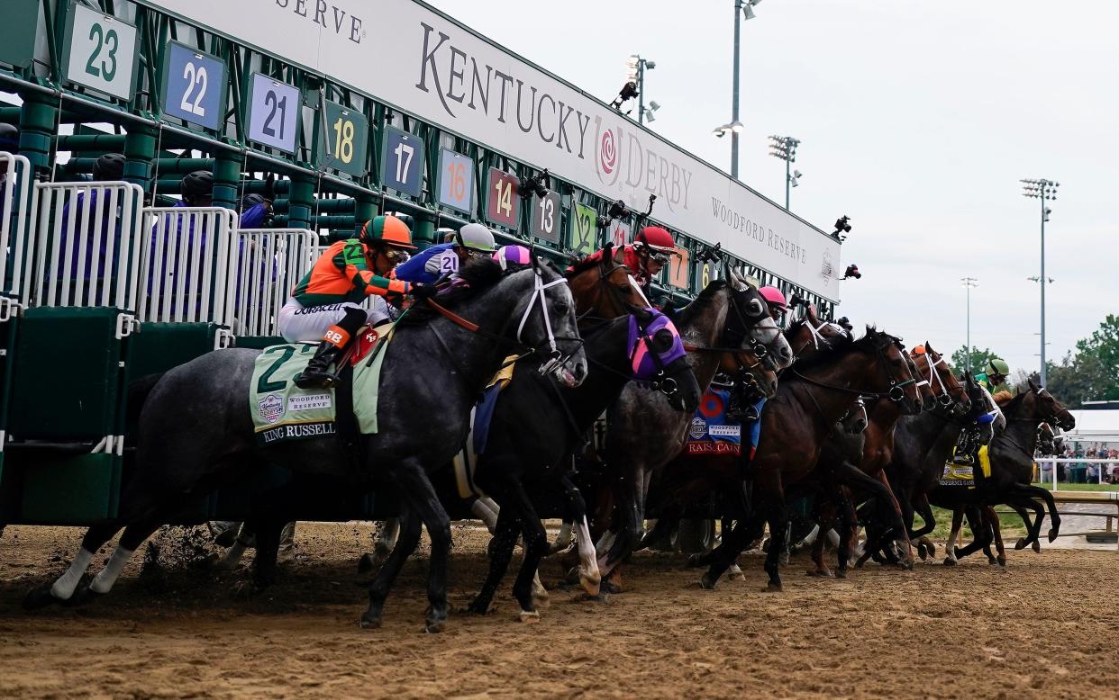 The field of horses leave the starting gate for the 149th running of the Kentucky Derby on May 6, 2023 at Churchill Downs in Louisville. Javier Castellano aboard Mage prevailed in the annual "Run for the Roses."