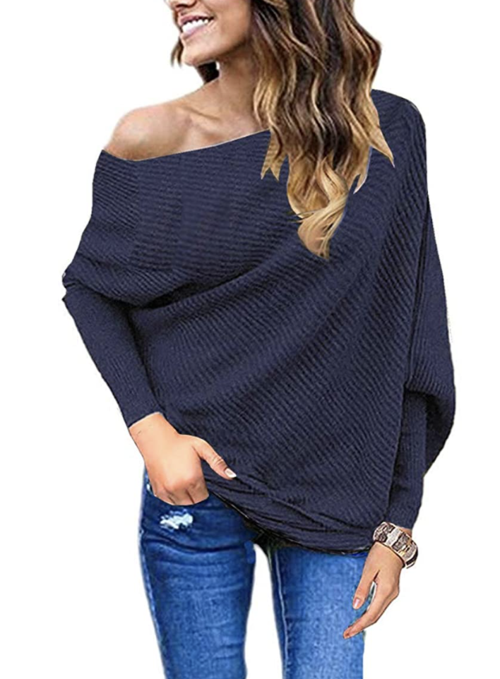 GOLDSTITCH Off-The-Shoulder Sweater in Dark Blue (Photo via Amazon)