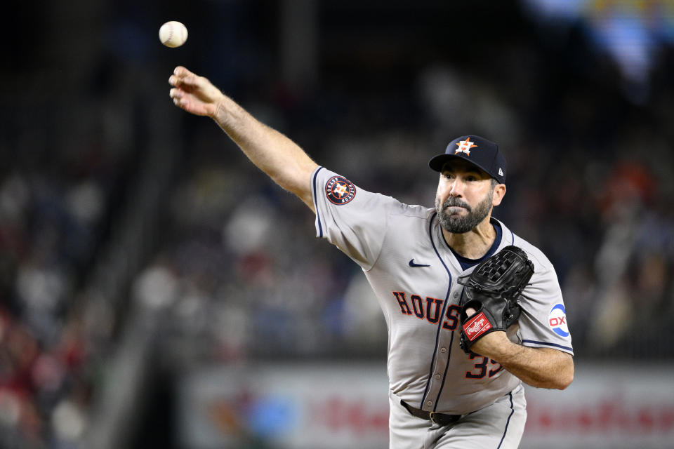 Houston Astros starting pitcher Justin Verlander throws during the fifth inning of the team's baseball game against the Washington Nationals, Friday, April 19, 2024, in Washington. (AP Photo/Nick Wass)