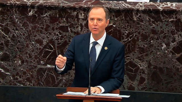 AP/Shutterstock Rep. Adam Schiff speaks at the U.S. Senate's first impeachment trial for Donald Trump in January 2020