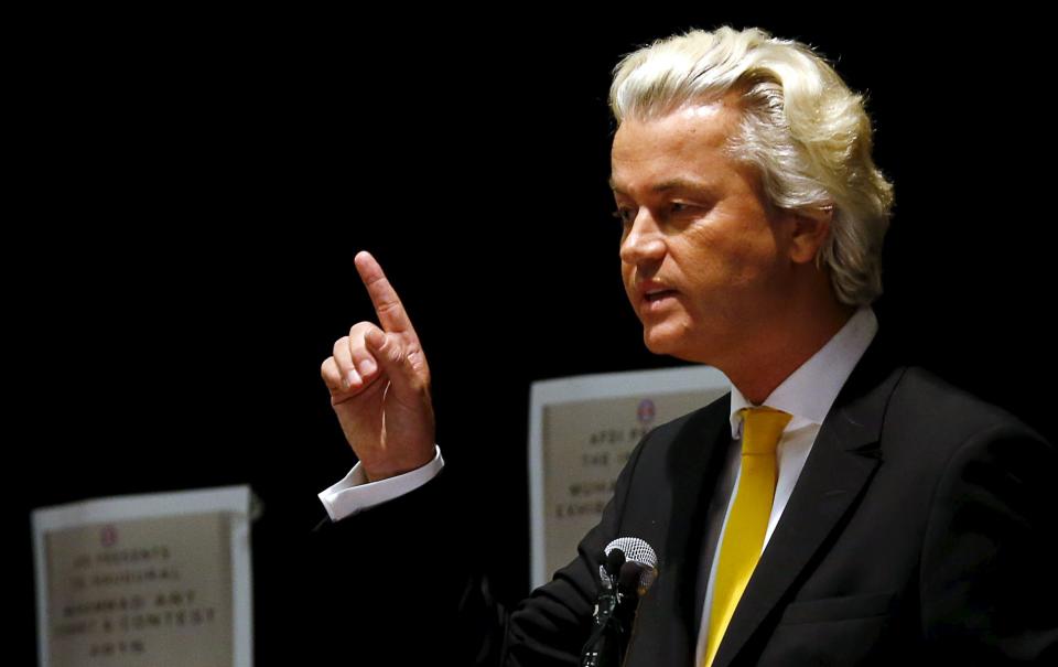 Far-right Dutch politician Geert Wilders speaks at the Muhammad Art Exhibit and Contest in Garland, Texas May 3, 2015. Two gunmen opened fire on Sunday at the art exhibit in Garland, Texas, that was organized by an anti-Islamic group and featured caricatures of the Prophet Mohammad and were themselves shot dead at the scene by police officers, city officials and police said. REUTERS/Mike Stone