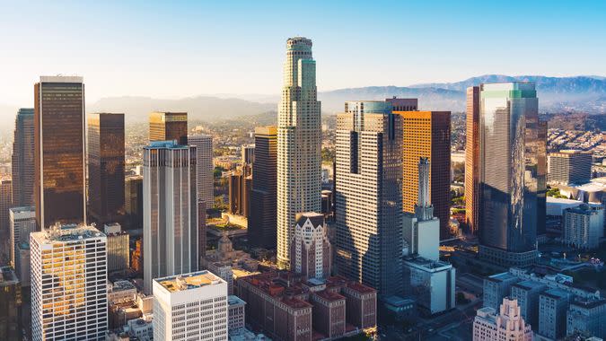 Aerial view of a Downtown Los Angeles at sunset.