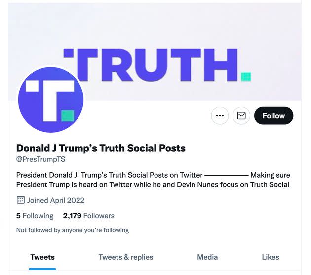 Truth Social messages from Trump, permanently banned from Twitter, were all being posted for a short time on Twitter. (Photo: Screen Shot/Twitter)