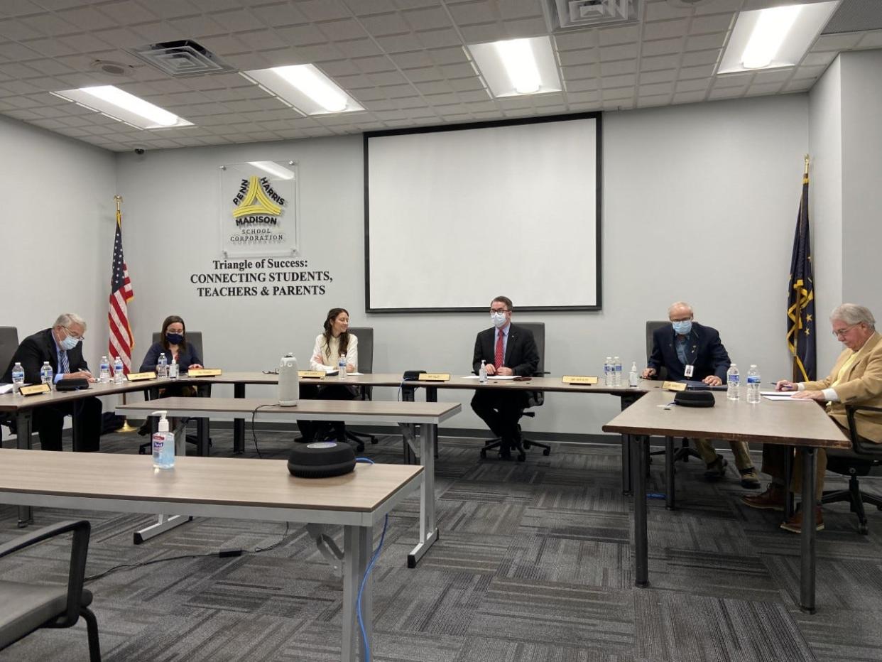 Penn-Harris-Madison school board members meet on November 29, 2021, at the district's Educational Services Center to interview candidates for two board openings.