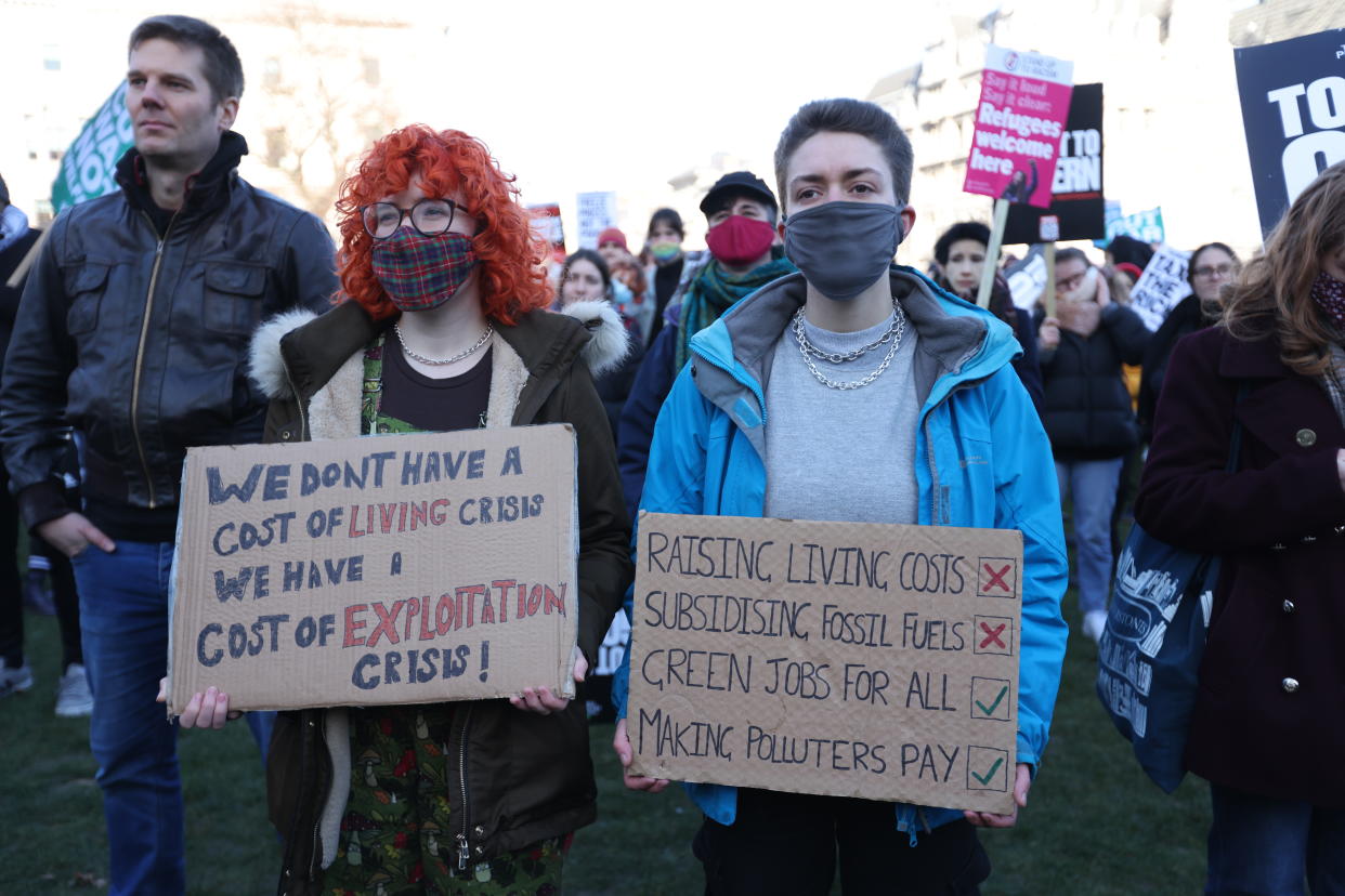 People in Parliament Square, London, take part in the People's Assembly nationwide protest about cost of living crisis. Picture date: Friday February 11, 2022.