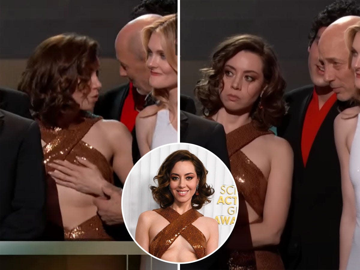 A side-by-side of Aubrey Plaza and Jon Gries with an inset of Aubrey Plaza.