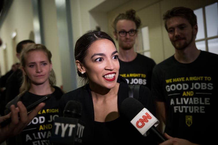 <span class="caption">Alexandria Ocasio-Cortez, champion of the US Green New Deal.</span> <span class="attribution"><a class="link " href="https://www.shutterstock.com/image-photo/washington-dcusa-november-13-2018student-activists-1231811017?src=uogYmbEaINf00LRMa9Gx9g-1-0" rel="nofollow noopener" target="_blank" data-ylk="slk:Rachael Warriner/Shutterstock.com;elm:context_link;itc:0;sec:content-canvas">Rachael Warriner/Shutterstock.com</a></span>