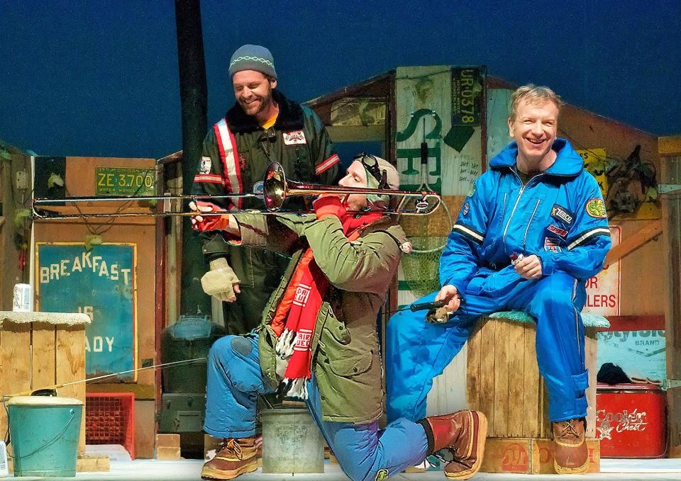Steve Koehler, Lee Becker and Doug Mancheski, from left, perform in the 2014 production of Northern Sky Theater's "Guys on Ice." The hit original musical comedy, perhaps the company's most successful in terms of box office and popularity, has played not only at Northern Sky but across the country and is returning to the Northern Sky stage for a 25th anniversary run with Mancheski and Koehler returning to reprise their iconic roles.