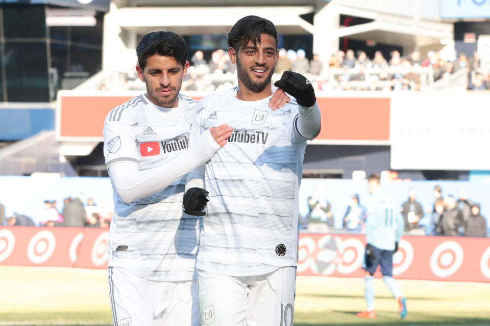 Carlos Vela celebra su gol ante el New York City FC, el 17 de marzo de 2019, en el Yankee Stadium.