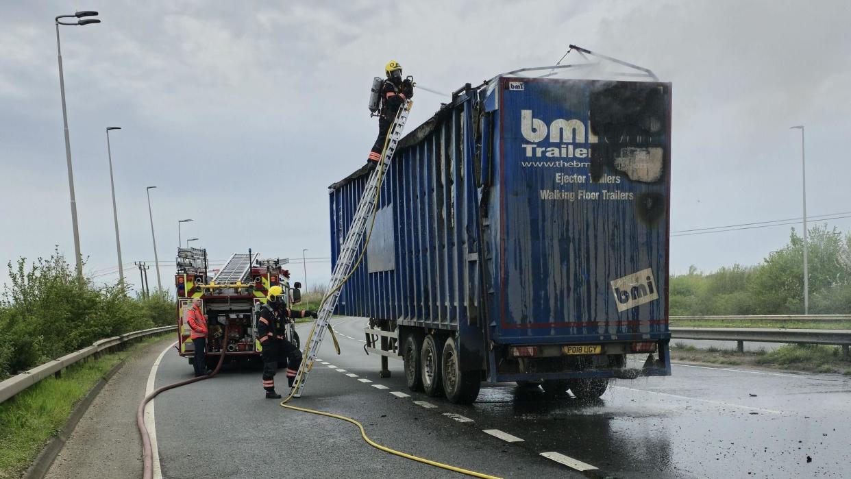 Fire firefighters putting out lorry fire